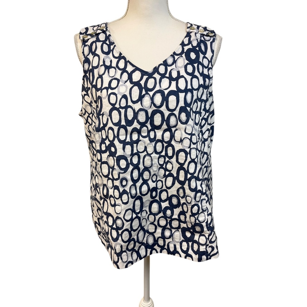 HABITAT Linen Cotton Tank Top Sz L Blue White Print Lagenlook Coastal